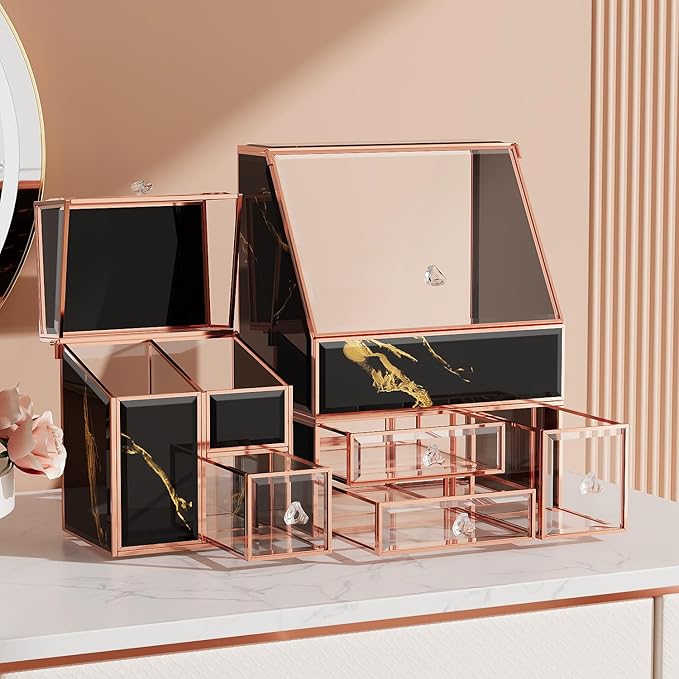 CoralHouse Makeup Organizer Black,Glass Vanity Organizer for Skincare, Perfume, Brushes & Lipsticks – Countertop Makeup Storage Box for Women, Bathroom or Dresser