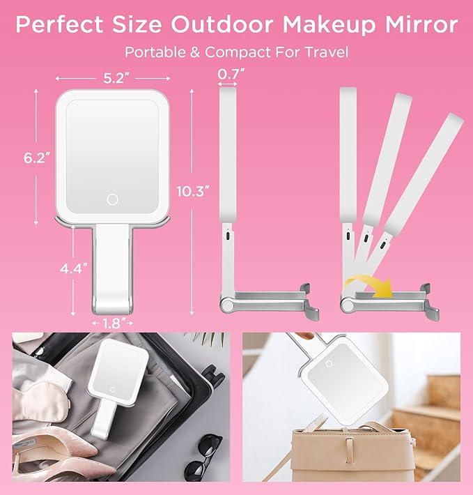 Travel Mirror with Lights, Magnifying Makeup Mirror 10X/1X Double Sided with 3 Color Lighting & Dimmable Touch Screen, Compact Handheld Cosmetic Vanity Mirror for Desktop Travel/Bathroom, Women Gifts