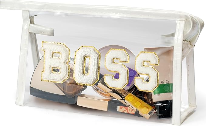 CY2SIDE BOSS Clear Makeup Bag - White BOSS Letter Patch Cosmetic Bag Best Gift for Sister PVC Zipper Clear Travel Pouch with handle for Toiletries Waterproof Portable Travel Organizer for Women Girl