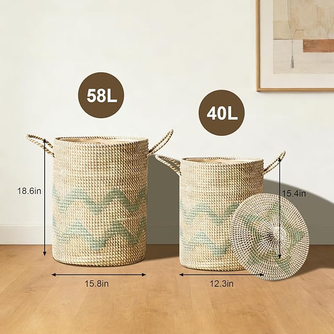 Laundry Hamper Storage Baskets with Lid, Woven Basket Decorative Baskets for Shelves, Basket for Gifts, Closet, Pantry, and Home Organization, Set of 4, Multi-Size