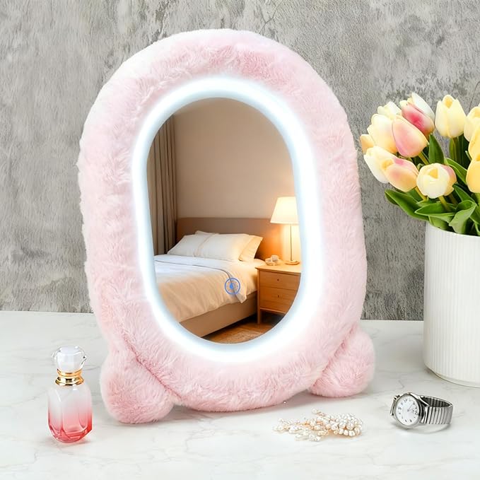 Lighted Makeup Mirror, 12”x16” Vanity Mirror with 3 Colors, Fur Wrapped Cosmetic Light Up Mirror Smart Touch Dimmable 3 Modes Light Tabletop Compact Mirror for Women Girlfriend Gift (Pink)