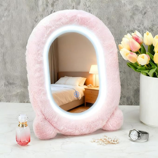 Lighted Makeup Mirror, 12”x16” Vanity Mirror with 3 Colors, Fur Wrapped Cosmetic Light Up Mirror Smart Touch Dimmable 3 Modes Light Tabletop Compact Mirror for Women Girlfriend Gift (Pink)