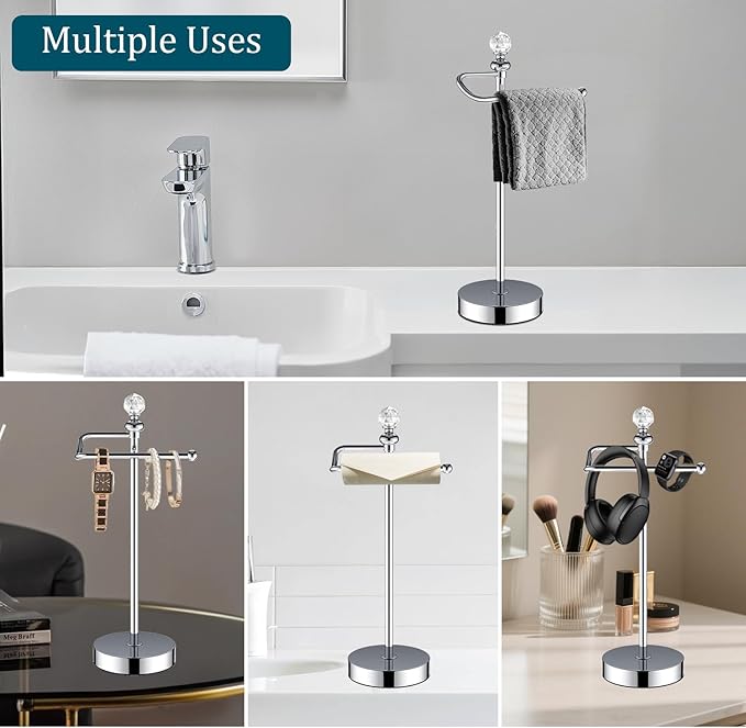 ROLABAM Bath Hand Towel Holder Standing, Stainless Steel Stable Free-Standing Towel Bar for Bathroom Kitchen Countertop, Rustic Towel Ring Stand with Crystal Ball 15.7” H (Polished Chrome, 2 Pack)