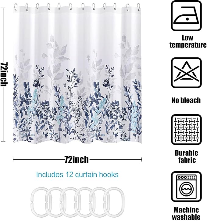 Neasow Blue and Grey Shower Curtain, Watercolor Floral Bathroom Curtain Teal and White 72×72 inches