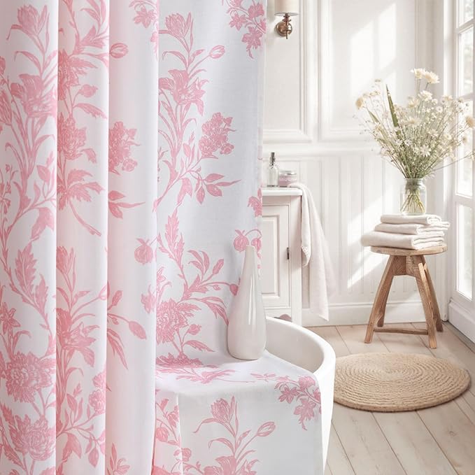 Pink Floral Shower Curtain,Vintage Cotton Cottagecore Shower Curtains for Bathroom, 72" W x 78" L