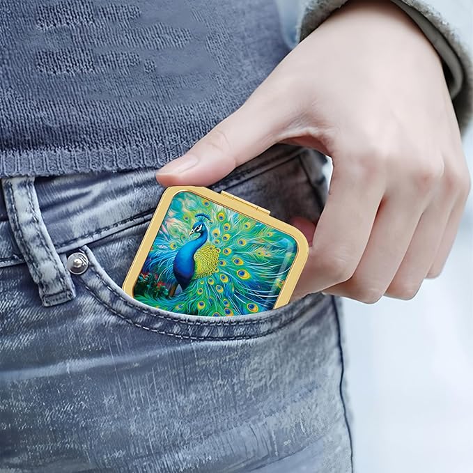 Magnifying Compact Peacock Cosmetic Mirror 2.8 Inch Square Handheld Travel Pocket Makeup Mirror Gold