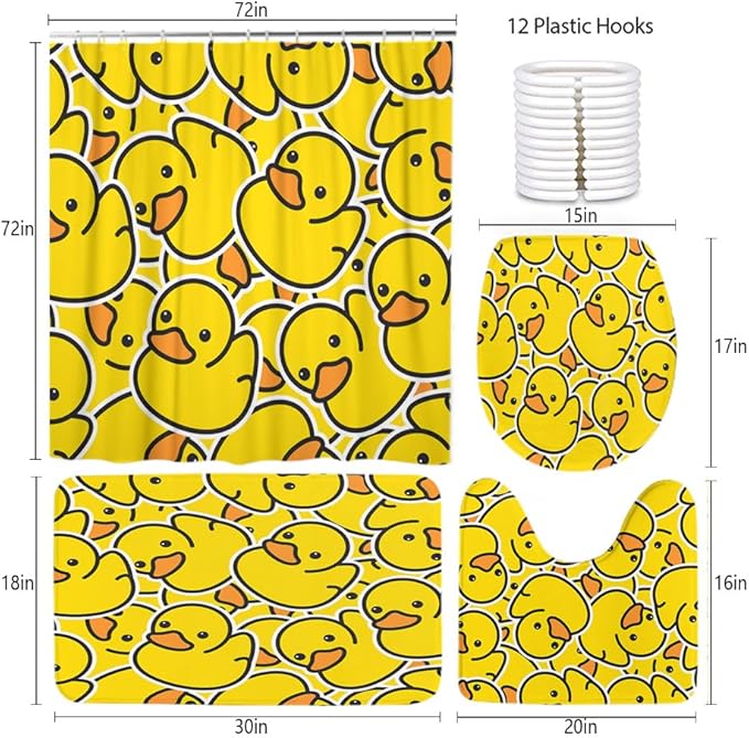 Ansouyi 4Pcs Bathroom Shower Curtain Sets with Non-Slip Rugs, Toilet Lid Cover and Bath Mat, Yellow Cartoon Duck Durable Waterproof Shower Curtain for Bathroom Set, 72x72 Inch