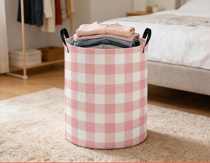 Kids Laundry Basket Pink Hamper for Nursery Girls Hamper Cute Kids Storage Bin Organizer Room Decor for Home(Pink Grid)