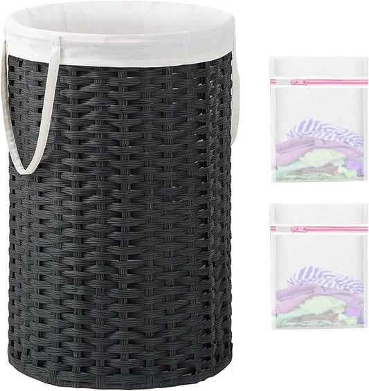 SETVSON 34.3 Gal (130 L) Large Laundry Hamper Laundry Basket Round Handwoven Wicker Laundry Baskets Rattan Laundry Basket with Removable Bag Handles 2 Mesh Bags for Living Room Bedroom Black (No Lid)