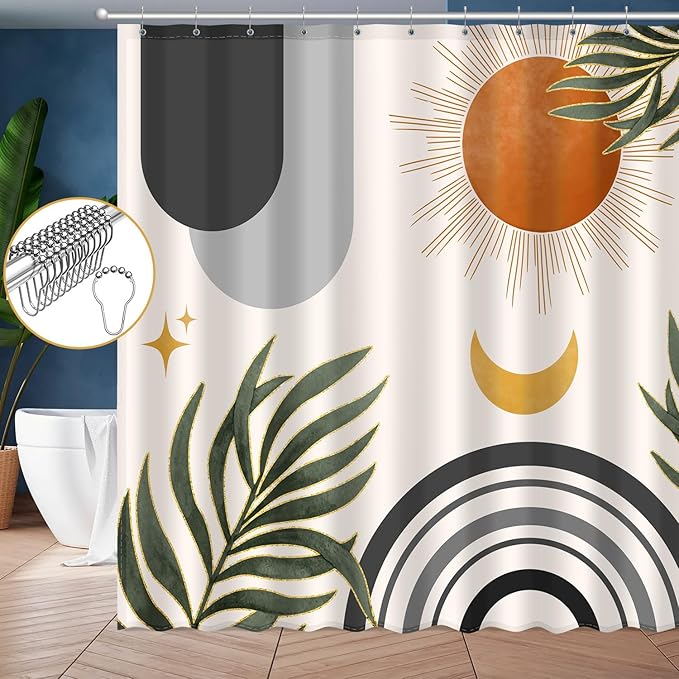 Boho Mid Century Shower Curtain, Bohemian Minimalist Simple Aesthetic Modern Bathroom Decor, Colorful Rainbow Sun Moon Natural Botanical Leaves Fabric Cloth Bath Curtain (Boho Black, 84x72 Inches)