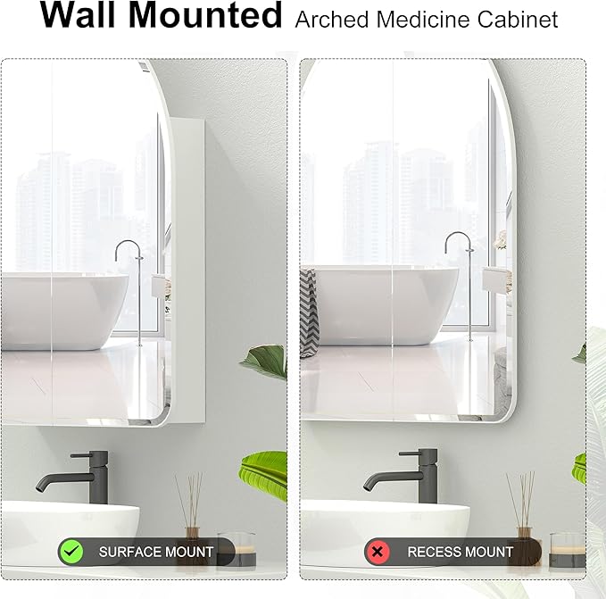 Beveled Edge Arched Medicine Cabinet with Mirror,2-Door Arch Surface Mount Medicine Cabinets Mirror,Frameless Mirrored Medicine Cabinets for Bathroom Mirror Cabinet,botiquines de baño 24x28