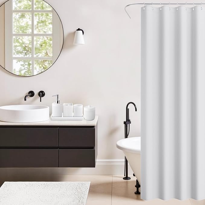 XLHOMO White Bathroom Sets with Shower Curtain and Rugs, 8-Piece Resin Bathroom Accessories Sets Complete with Soap Dispenser, Toothbrush Holder, Tumbler, Tray & Cotton Swab Jars Bathroom Essentials
