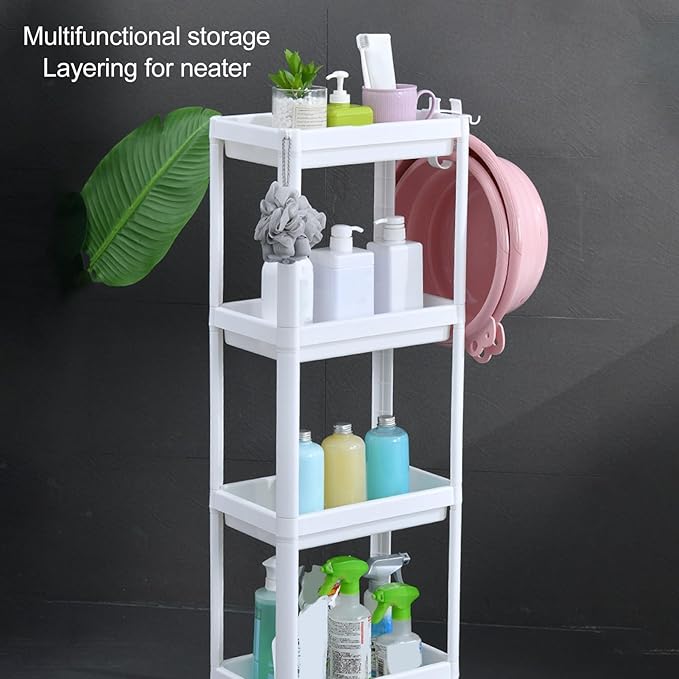 Narrow Freestanding Bathroom Shelf, Space Saving Storage Rack White Laundry Shelf for Bathroom Laundry Room Kitchen Bedroom Compact Areas (4 Layers)