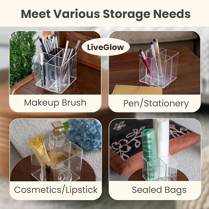 Clear Makeup Brush Holder,Acrylic Rotating 360??Makeup Brush Organizer,Pen holder with 4 Grids,Makeup Holder for Courtup,Containers for Desk,1pc