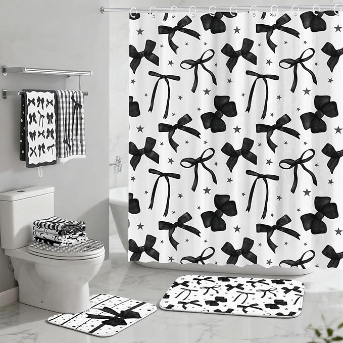 FuWeave 8 Pcs Black Shower Curtain Set Aesthetic Bow Knot Bathroom Decor Pretty Coquette Waterproof Shower Curtain Modern Minimalist Towels Non Slip Rug Toilet Lid Cover Bath Mat with 12 Hooks