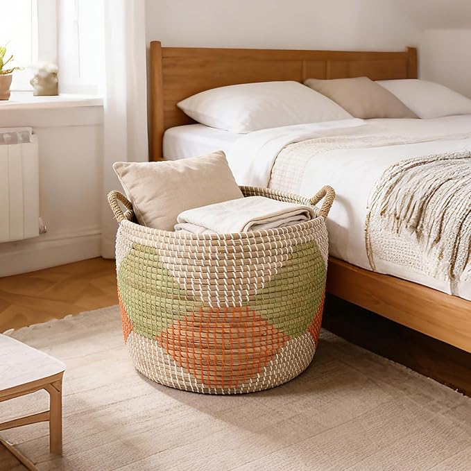 Handwoven Sea Grass Baskets Set of 3 - One of a Kind Round Storage Bins by Artisans, Natural Fiber Woven Baskets for Living Room, Bathroom, Nursery (55.5L, 27.9L, 15.3L)
