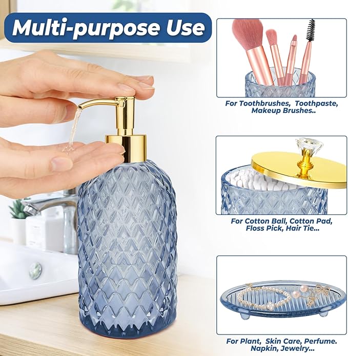 Jenseits Glass Bathroom Accessory Set 4 Piece - Elegant Blue Diamond Cut Bathroom Set - Lotion Dispenser, Toothbrush Holder, Cotton Swab Jar, Tray - Modern Guest Bathroom Countertop Decor