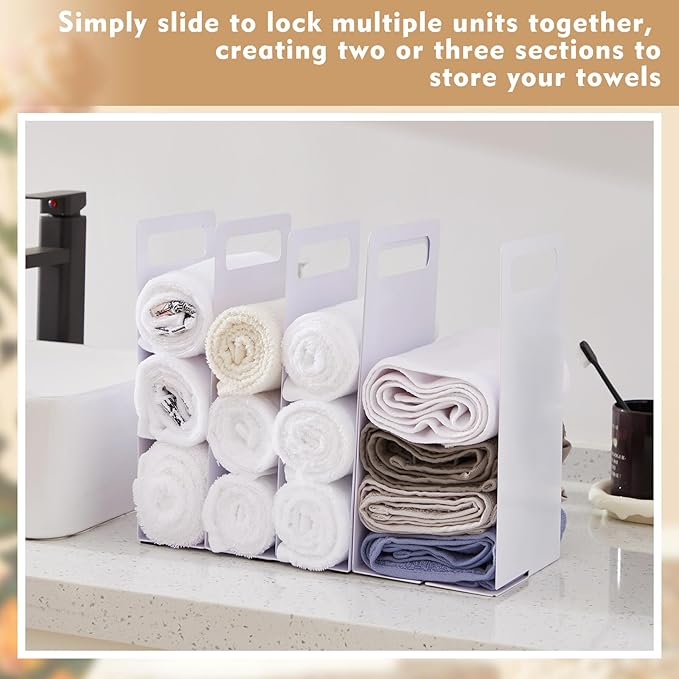 LEIFIDE Set of 2 Interlocking Towel Organizer Metal Bathroom Towel Storage Rack Shelf Dividers Organizers for Closet Home Space Saving (White)