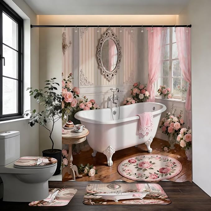 DDQQ 4 Pcs Pink Rose Shower Curtain Floral Bathroom Sets with Shower Curtain and Rugs Romantic Flowers Shower Curtain Set Women Bathroom Decor Bathroom Rug Set Toilet Lid Cover Hooks
