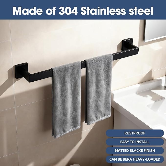 Bathroom Towel Bar Set, 23.6 Inch Wall Mounted Rack, 304 Stainless Steel, Matte Black, D-Shape, 2-Piece Set (Matte Black)