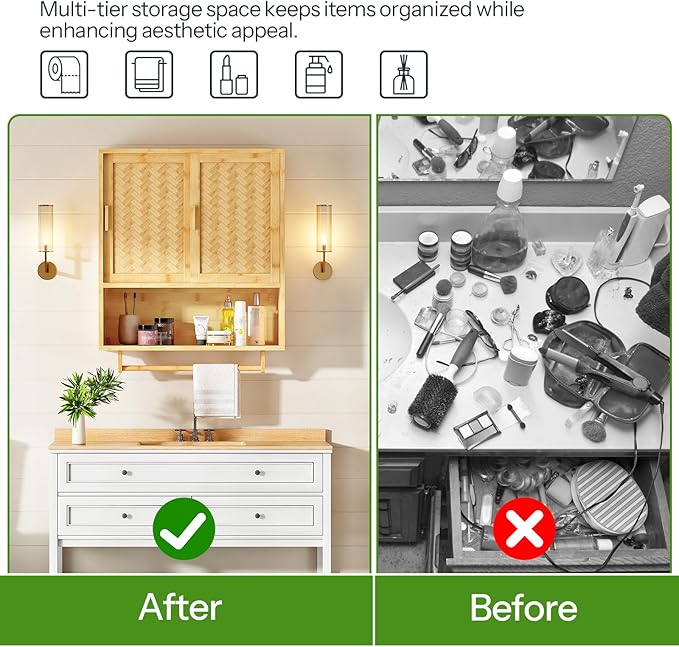 HOOBRO Bathroom Cabinet Wall Mounted, Bamboo Over Toilet Cabinet, Medicine Cabinet with Towels Bar & Adjustable Shelves, 23.6 x 7.9 x 28.5 Inches, for Bathroom, Laundry, Kitchen, Natural YL63CW01