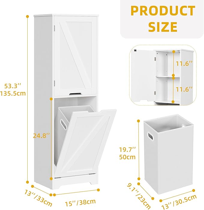 YITAHOME 53" Tall Bathroom Storage Cabinet, Tilt Out Laundry Hamper Cabinet Freestanding Storage Cabinet with Basket Hidden Laundry Hamper, White