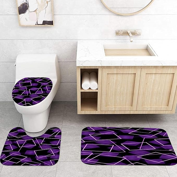 Yizheer 4Pcs Purple 3D Geometry Bathroom Shower Curtain Set with 12 Rustproof Hooks Bath Mat Toilet Cover U Shaped Mat- PEVA Material, 72x72 Inches, Bathroom Curtain for Bathtub (Purple)