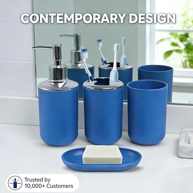 Matte Blue Bathroom Accessories Set, 4 Piece Plastic Bathroom Toothbrush Holder Set, Include Soap Dispenser, Toothbrush Holder, Rinse Cup, Soap Dish, Boho Blue Bathroom Decor for Home, Bathroom Set