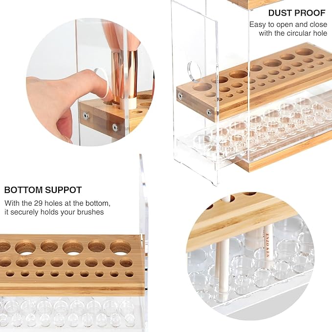 JACKCUBE DESIGN Bamboo Makeup Brush Holder Organizer With Transparent Drawer - 29 Holes Beauty Cosmetic Display Stand (8.77 x 3.38 x 8.46 Inches) - MK228C