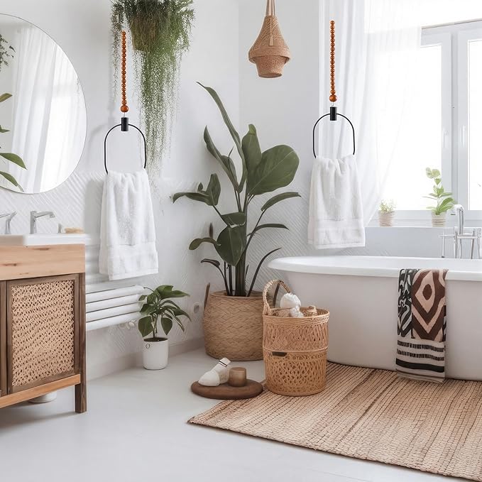 Maxdot 2 Pcs Ceiling Mounted Towel Rack Black Metal Design Vertical Towel Holder Rustic Hand Towels Ring Space Saving Towels Hanger with String and Wooden Bead for Bathroom Kitchen Home Accessories