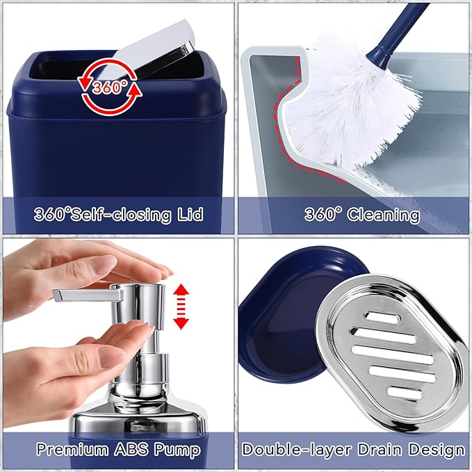 XLHOMO 24PC Navy Blue Bathroom Set with Shower Curtain and Rugs, Blue Bathroom Sets Complete with Trash Can,Soap Dispenser,Soap Dish,Toilet Brush,Toothbrush Holder and Cup,Tray,Q-Tip Holders
