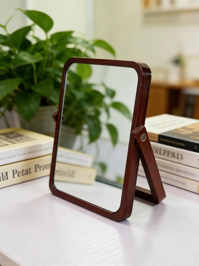 Honeystore Solid Wood Makeup Mirror, 360° Rotating Desktop Vanity Mirror, 9" x 7.1" HD Silver Mirror, Natural Wood Frame, Portable Tabletop & Wall Hanging Cosmetic Mirror (Dark Brown)