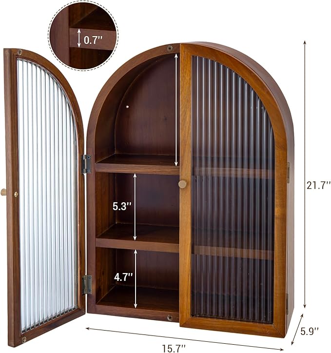 MyGift Medicine Cabinet, Arched Wall Cabinet, Bathroom Medicine Wall Mounted Cupboard, Mid Century Style Floating Storage Cabinet with Glass Door, Natural Acacia Wood