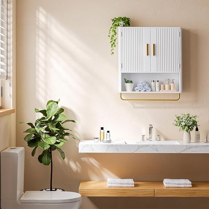 Memobarco Bathroom Cabinet Wall Mount with Fluted Door Panel & Adjustable Shelf, Medicine Cabinet with Open Partition and Towel Bar, Wall Storage Cabinet for Laundry Room & Kitchen (White)