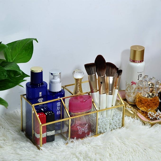 Yamfurvo Makeup Organizer Handmade Vintage Brass Frame Makeup Brush Holder Glass Makeup Brushes Storage Cosmetic Organizer Makeup Vanity Decoration Jewelry Box,(3+2) Segments
