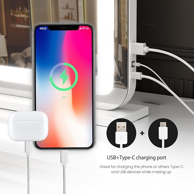 Vanity Mirror with Lights, 23"x 18" Large LED Lighted Mirror with Detachable 10X Magnification & 3 Colors Modes, and USB Charging Port for Vanity Desk Tabletop (White, 23 * 18)