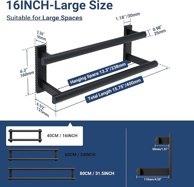 SAYAYO Towel Rack for Bathroom, 16 Inch Matte Black Double Towel Bar Towel Holder Wall Mount, SUS304 Stainless Steel
