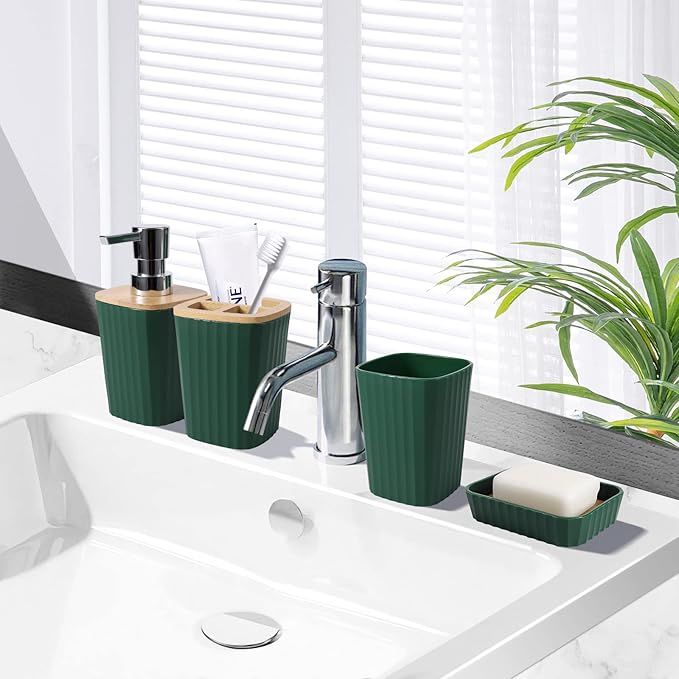 XLHOMO Dark Green Bathroom Accessories Set, 9-Piece Green Bathroom Set with Trash Can, Tray, Soap Dispenser, Toothbrush Holder, Toothbrush Cup, Soap Dish, Toilet Brush and Q-tip Holders