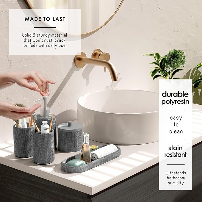 Clara Clark Bathroom Set - Grey Bathroom Accessories Set, 5PC Bathroom Accessory Set, Bathroom Sets with Soap Dispenser, Toothbrush Holder, Tumbler, Cotton Swab Jar & Vanity Tray
