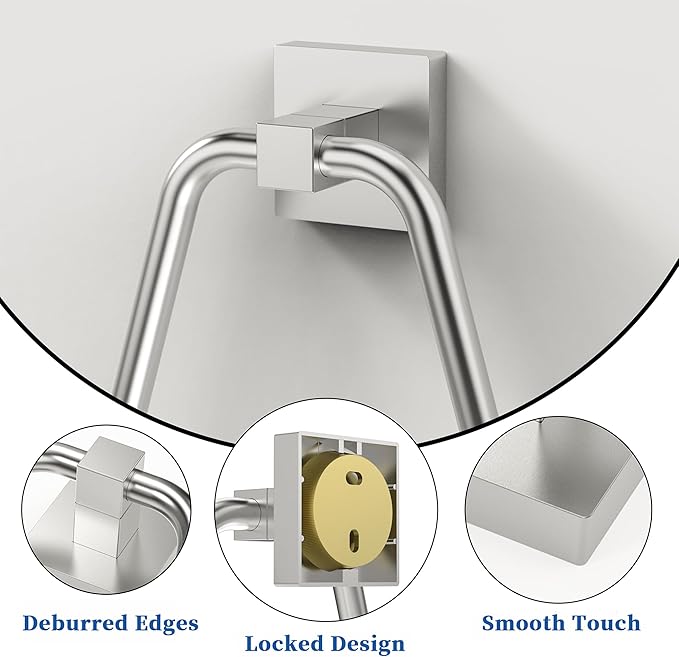 RUACQ Towel Ring, Square Base Hand Towel Ring, Stainless Steel Hand Towel Holder for Bathroom Wall, Sturdy and Rust-Resistant (Brushed Nickel, 2Pack)