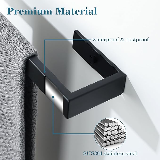 Towel Rack for Bathroom Wall Mount, 15.75" SUS304 Stainless Steel Rustproof Towel Bar, Matte Black Towel Holder for Bathroom Laundry Room Hotel Modern Home Decor