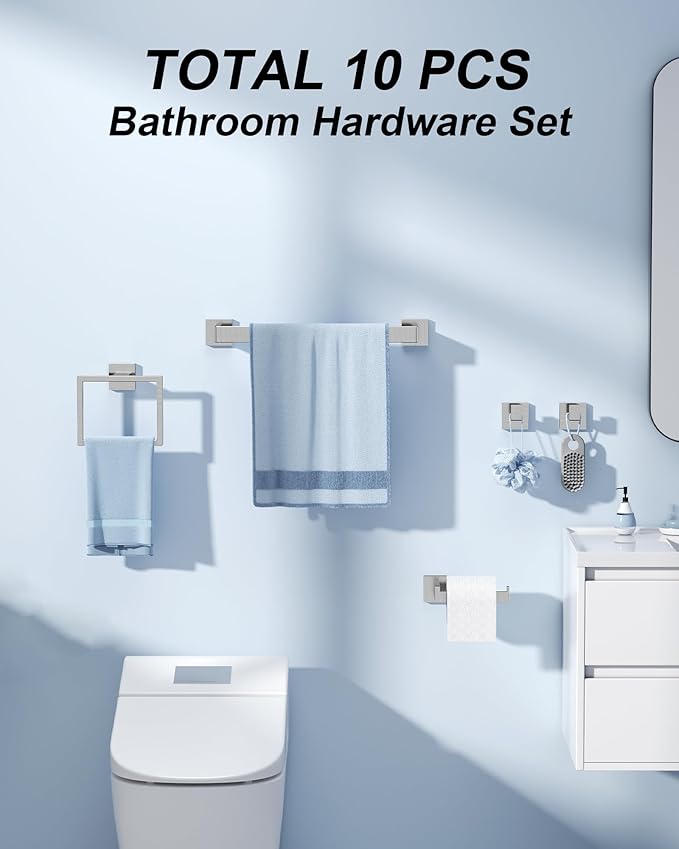 Square Brushed Bathroom Hardware Set 10-Piece with 16 Inch Sleek Towel Bars, Towel Ring, Toilet Paper Holders and Towel Hooks|Warm-Tone Bathroom Fixtures