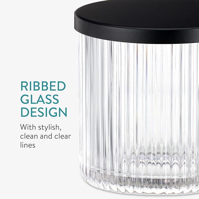Navaris Glass Bathroom Accessories Set (4 Pieces) - Includes Soap Dispenser, Toothbrush Tumbler, Soap Dish, Cotton Pad Holder - Clear Glass with Black Metal