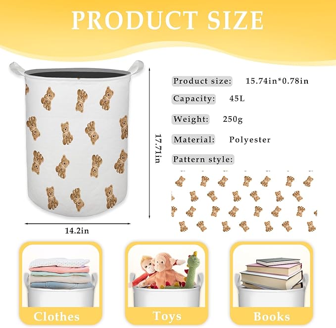 Cute Bear Kids Laundry Basket, Toybox for Boys Girls Room, Cute Laundry Basket Hamper Waterproof Collapsible Clothes Toys Storage Bin Organizer for Bedroom Bathroom Kids Room Dorm