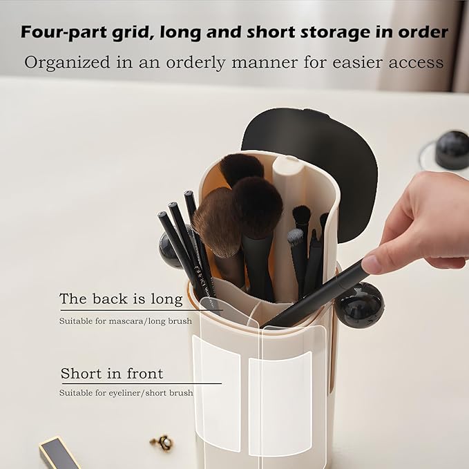 Atlodas Automatic Lifting Dustproof Four-compartment Makeup Brush Storage Tube, Makeup Brush Holder Organizer with Lid, Cosmetics Holders Storage for Vanity Desktop Bathroom (black)