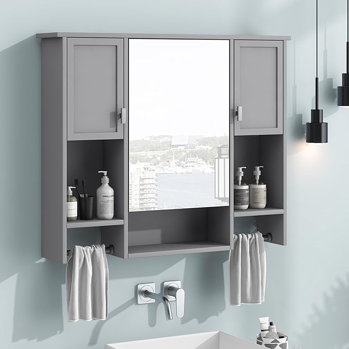 Merax Medicine Cabinet for Bathroom, Wall Mount Bathroom Cabinet with Mirror, Open Shelf, and Towel Bar, 35" W x 28.7" H Over The Toilet Mirrored Bath Wall Cabinet