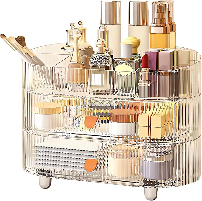 DASITON Makeup Organizer with Drawer,6 Slots Stackable Makeup Brush Holder,Skincare and Cosmetic Organizer for Bathroom Vanity Countertop Makeup Storage for Cosmetics,Brushes,Lipstick and Jewelry