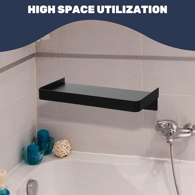 Ipetboom Wall Mount Phone Rack Small Bathroom Shelf Stainless Steel Adhesive Floating Phone Shelf Black for Bathroom Storage Organizer