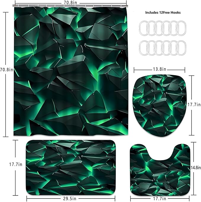 Yizheer 4Pcs Green Geometry Rock Modern Bathroom Shower Curtain Set with 12 Rustproof Hooks Bath Mat Toilet Cover U Shaped Mat- PEVA Material, 72x72 Inches, Bathroom Curtain for Bathtub (Green)