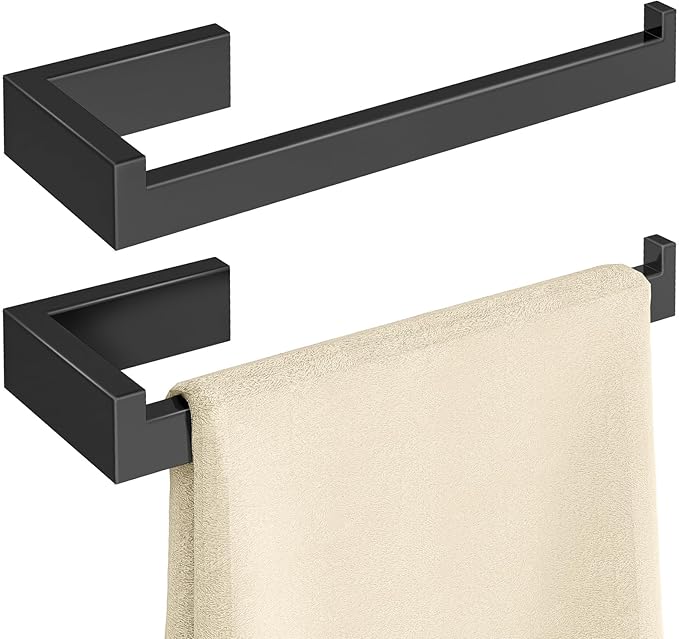 Gypie Hand Towel Holder for Bathroom Wall 2 Pack -Modern Towel Ring Square Hidden Mount with Dual Screws, Anti-Slip End, Stainless Steel, Matte Black